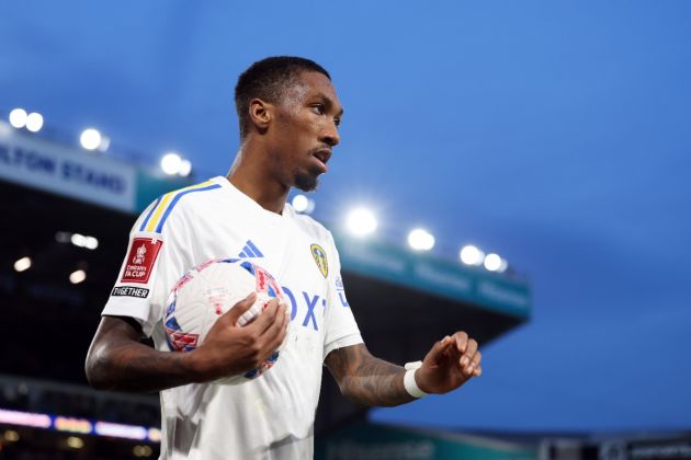 Jaidon Anthony of Leeds United holds the Mitre Ultimax Pro 2 match ball during the Emirates FA Cup Fourth Round match between Leeds United and Plymouth Argyle at Elland Road on January 27, 2024 in Leeds, England.