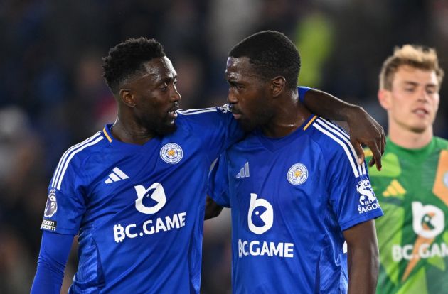 Wilfred Ndidi of Leicester City interacts with Boubakary Soumare after the Premier League match between Leicester City FC and Tottenham Hotspur FC at The King Power Stadium on August 19, 2024 in Leicester, England.