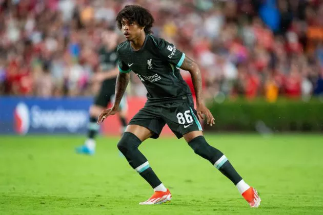 Harvey Blair #86 of Liverpool plays against Manchester United in the second half during their pre-season friendly match at Williams-Brice Stadium on August 03, 2024 in Columbia, South Carolina.