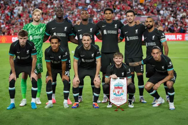 The Liverpool starting 11 pose for a photo before their pre-season friendly match against Manchester United at Williams-Brice Stadium on August 03, 2024 in Columbia, South Carolina.