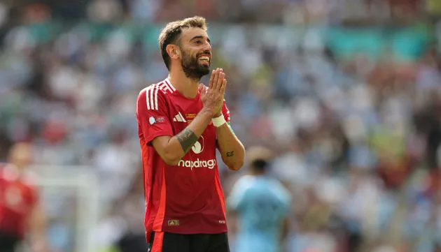 Bruno Fernandes of Manchester United reacts after his goal was disallowed during the 2024 FA Community Shield match between Manchester United and Manchester City at Wembley Stadium on August 10, 2024 in London, England.