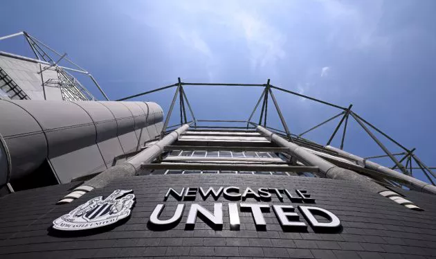 A general view of the club badge on the side of the West Stand during the Premier League match between Newcastle United and Brighton & Hove Albion at St. James Park on May 11, 2024 in Newcastle upon Tyne, England. News.