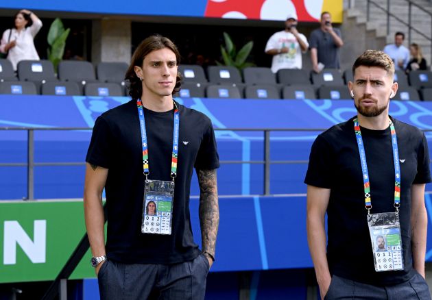 Riccardo Calafiori and Jorginho of Italy arrives at the stadium prior to the UEFA EURO 2024 round of 16 match between Switzerland and Italy at Olympiastadion on June 29, 2024 in Berlin, Germany.