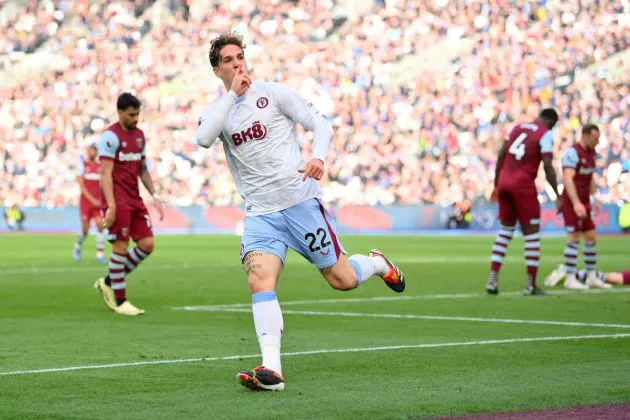 Nicolo Zaniolo of Aston Villa celebrates scoring his team's first goal during the Premier League match between West Ham United and Aston Villa at London Stadium on March 17, 2024 in London, England.