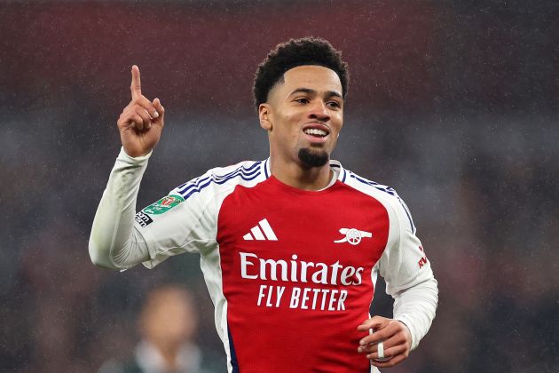 LONDON, ENGLAND - SEPTEMBER 25: Ethan Nwaneri of Arsenal celebrates scoring his team's third goal during the Carabao Cup Third Round match between Arsenal and Bolton Wanderers at Emirates Stadium on September 25, 2024 in London, England.