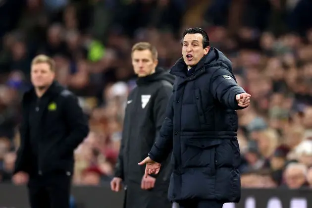 BIRMINGHAM, ENGLAND - JANUARY 30: Unai Emery, Manager of Aston Villa, reacts during the Premier League match between Aston Villa and Newcastle United at Villa Park on January 30, 2024 in Birmingham, England.