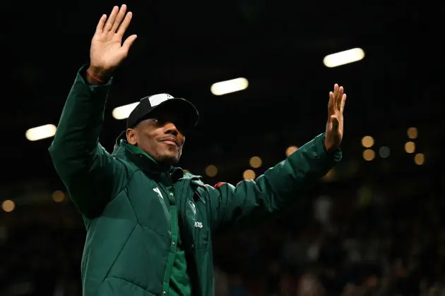 Manchester United's French striker #09 Anthony Martial thanks the supporters at the end of the English Premier League football match between Manchester United and Newcastle United at Old Trafford in Manchester, north west England, on May 15, 2024. Manchester United wins 3 - 2 against Newcastle United.