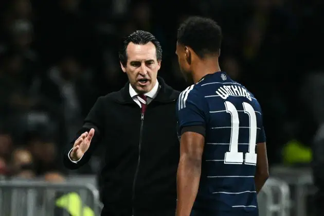 Aston Villa's Spanish coach Unai Emery congratulates Aston Villa's English forward #11 Ollie Watkins as he leaves the pitch during the UEFA Champions League 1st round day 1 football match between Young Boys and Aston Villa, at the Wankdorf Stadium in Bern, on September 17, 2024.