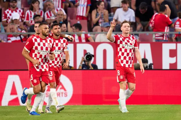 GIRONA, SPAIN - AUGUST 29: Viktor Tsygankov of Girona FC celebrates after scoring his team's second goal during the LaLiga EA Sports match between Girona FC and CA Osasuna at Montilivi Stadium on August 29, 2024 in Girona, Spain.