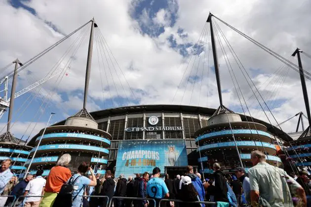 MANCHESTER, ENGLAND - AUGUST 24: General view outside the stadium prior to the Premier League match between Manchester City FC and Ipswich Town FC at Etihad Stadium on August 24, 2024 in Manchester, England.