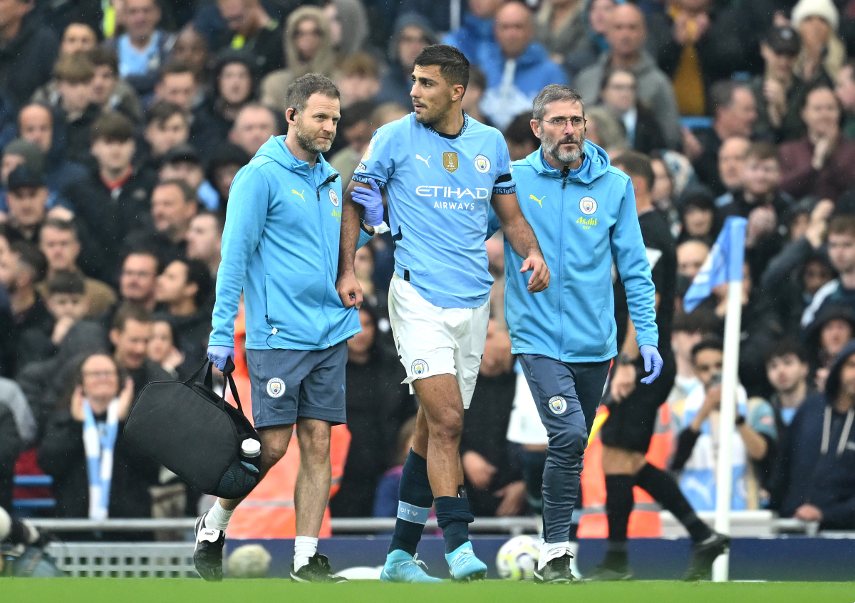 Rodri injured his ACL during Man City’s clash with Arsenal on Sunday (Photo by Michael Regan/Getty Images)