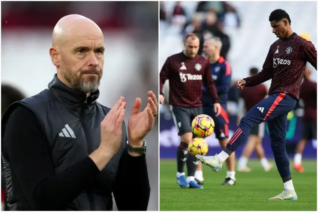 Erik ten Hag, Christian Eriksen and Marcus Rashford