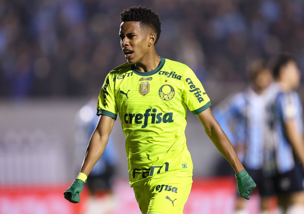 Estevao Willian celebrates a goal for Palmeiras