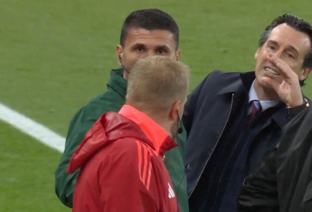 Unai Emery confronts Vincent Kompany during Aston Villa v Bayern Munich in the Champions League