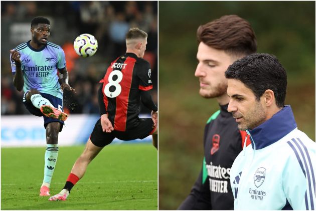 Thomas Partey, Declan Rice and Mikel Arteta of Arsenal