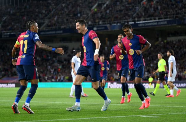 Raphinha (left), Robert Lewandowski (centre) and Lamine Yamal (right) celebrating against Real Madrid.