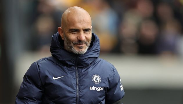 Enzo Maresca watches on from the Chelsea dugout.