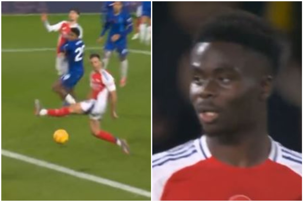 Bukayo Saka reacts to Mikel Merino miss