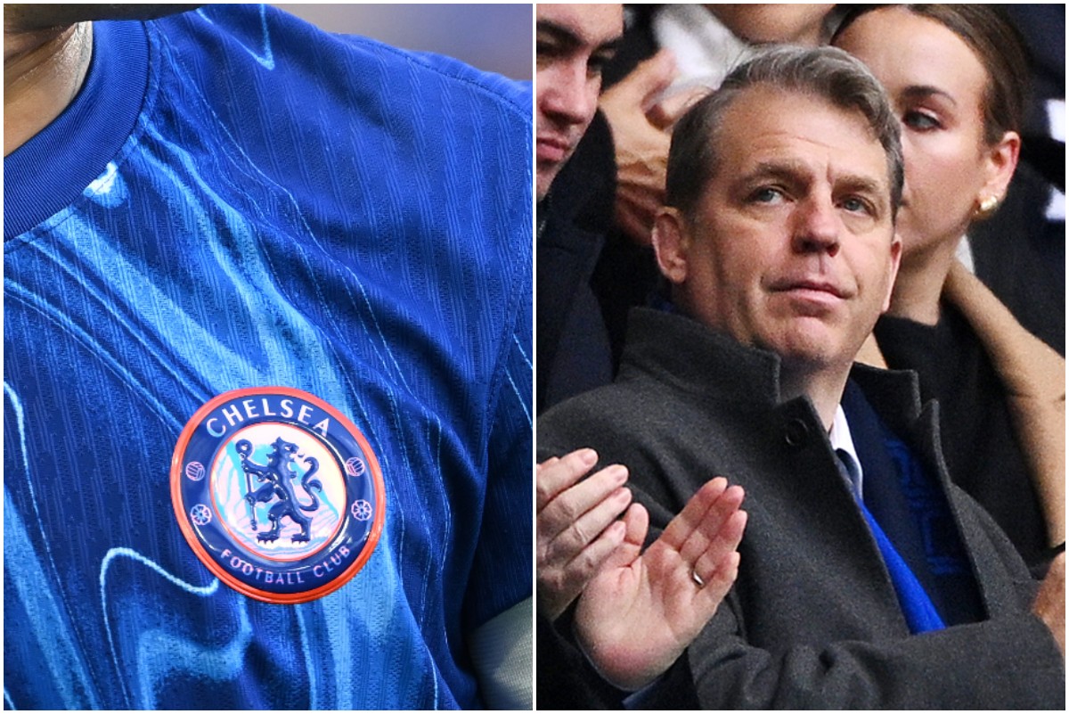 A close up of a Chelsea shirt, and Todd Boehly in the stands