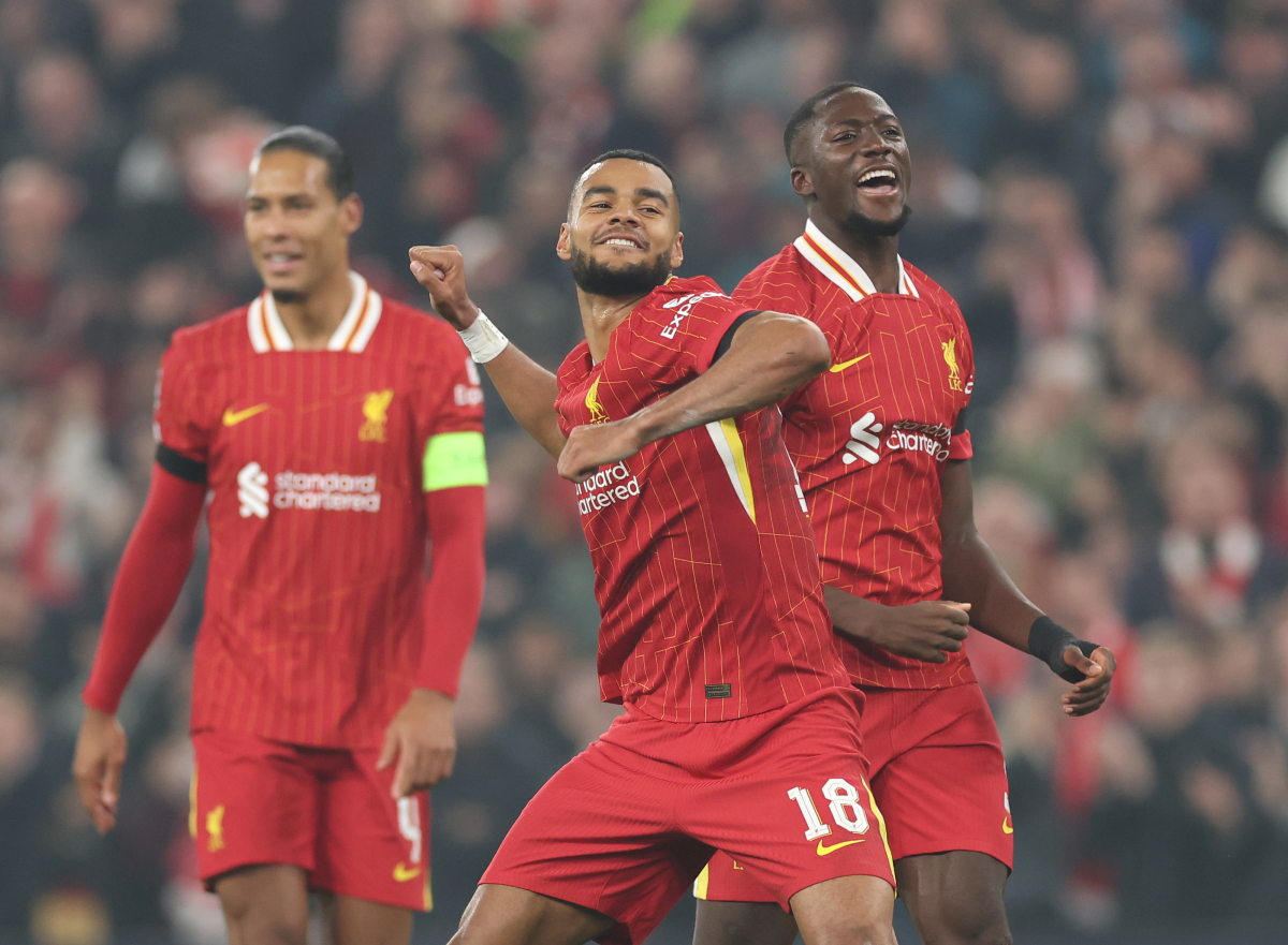 Cody Gakpo celebrates Liverpool goal vs Bayer Leverkusen