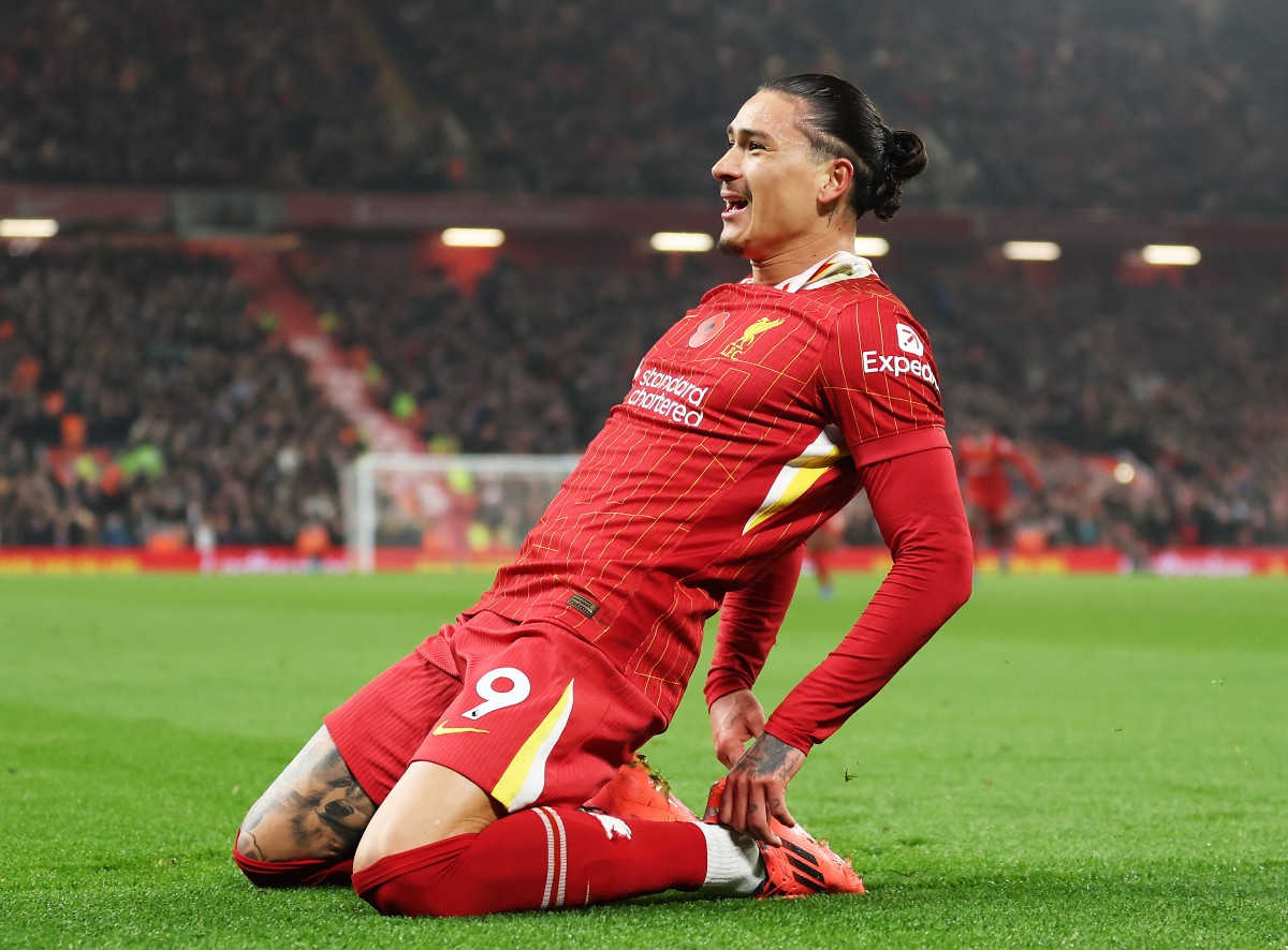 Darwin Nunez celebrates scoring for Liverpool against Aston Villa