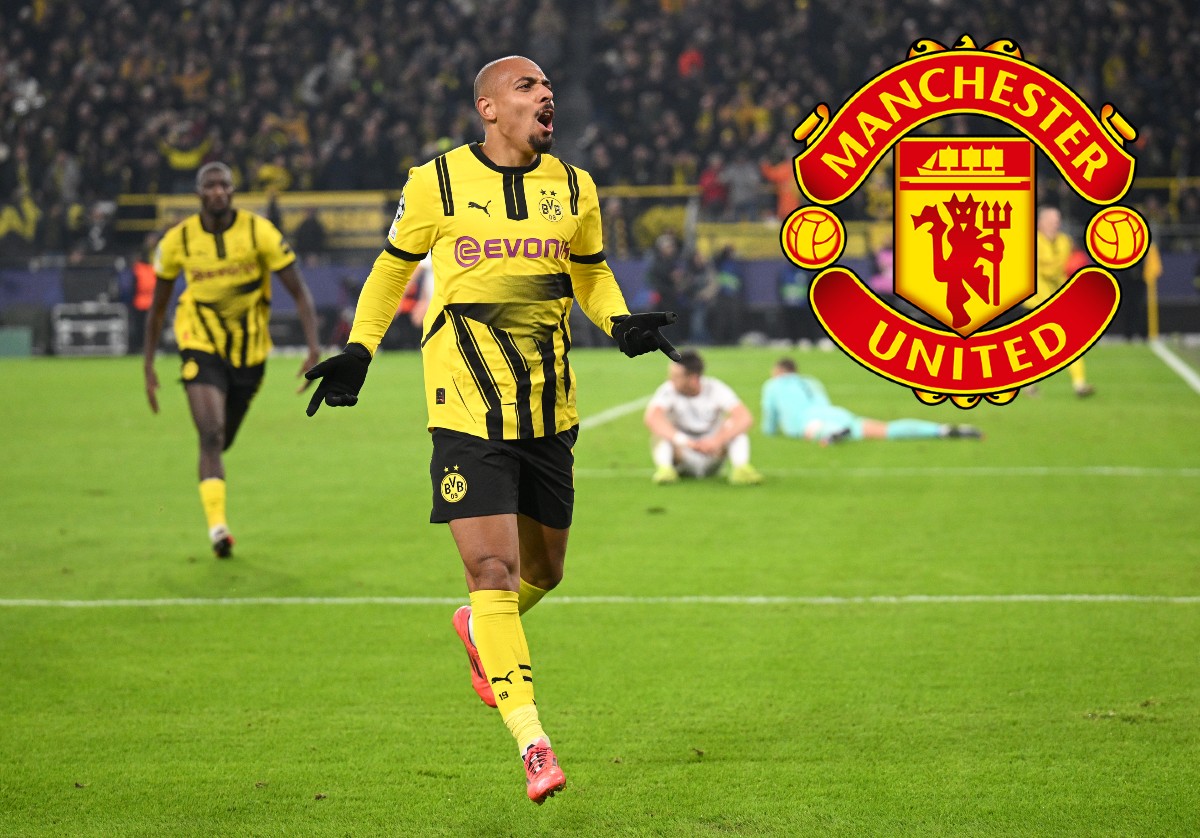 Man United target Donyell Malen celebrates a goal for Borussia Dortmund