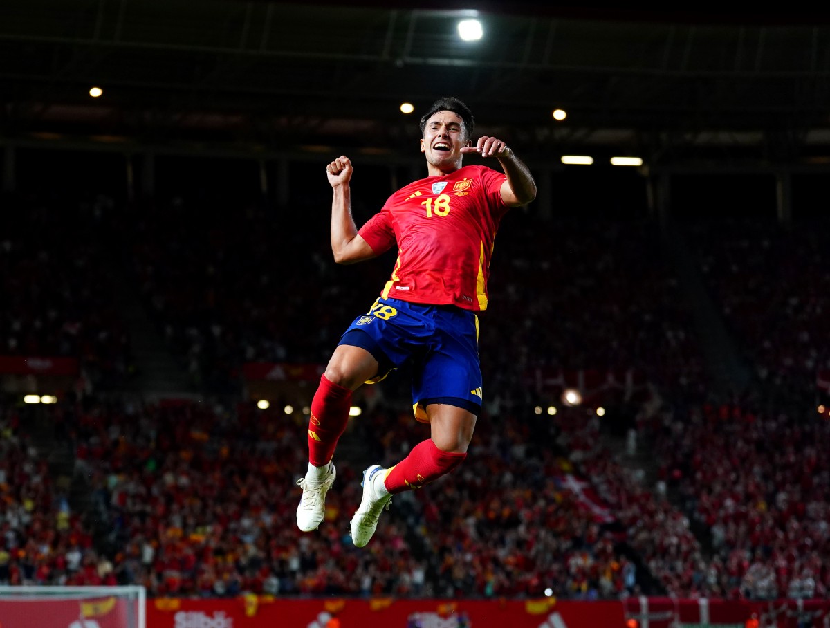 Martin Zubimendi celebrates a goal for Spain