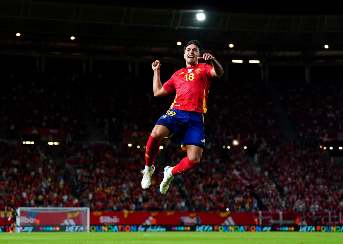 Martin Zubimendi celebrates a goal for Spain