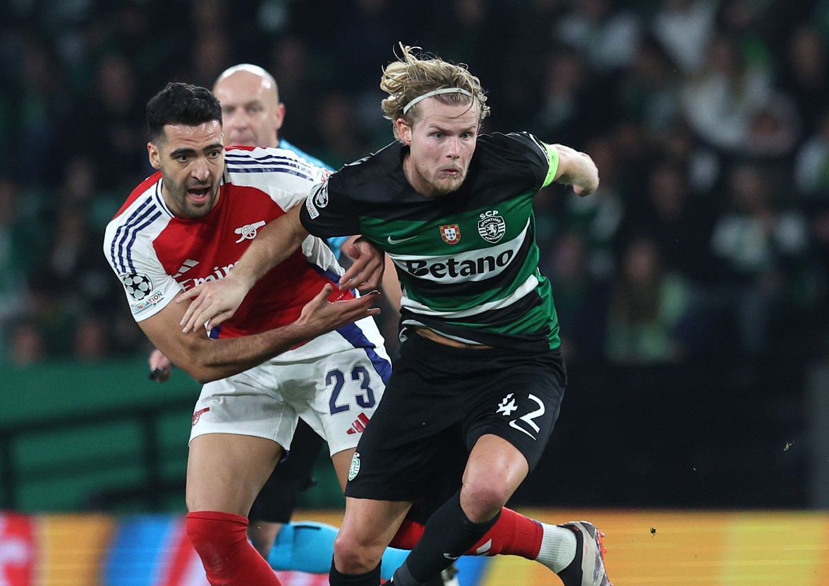 Morten Hjulmand in action for Sporting against Arsenal