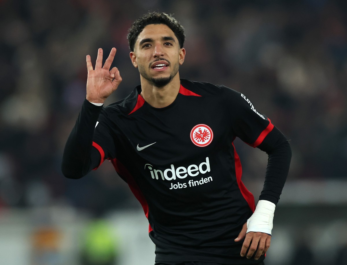 Omar Marmoush celebrates a goal for Eintracht Frankfurt