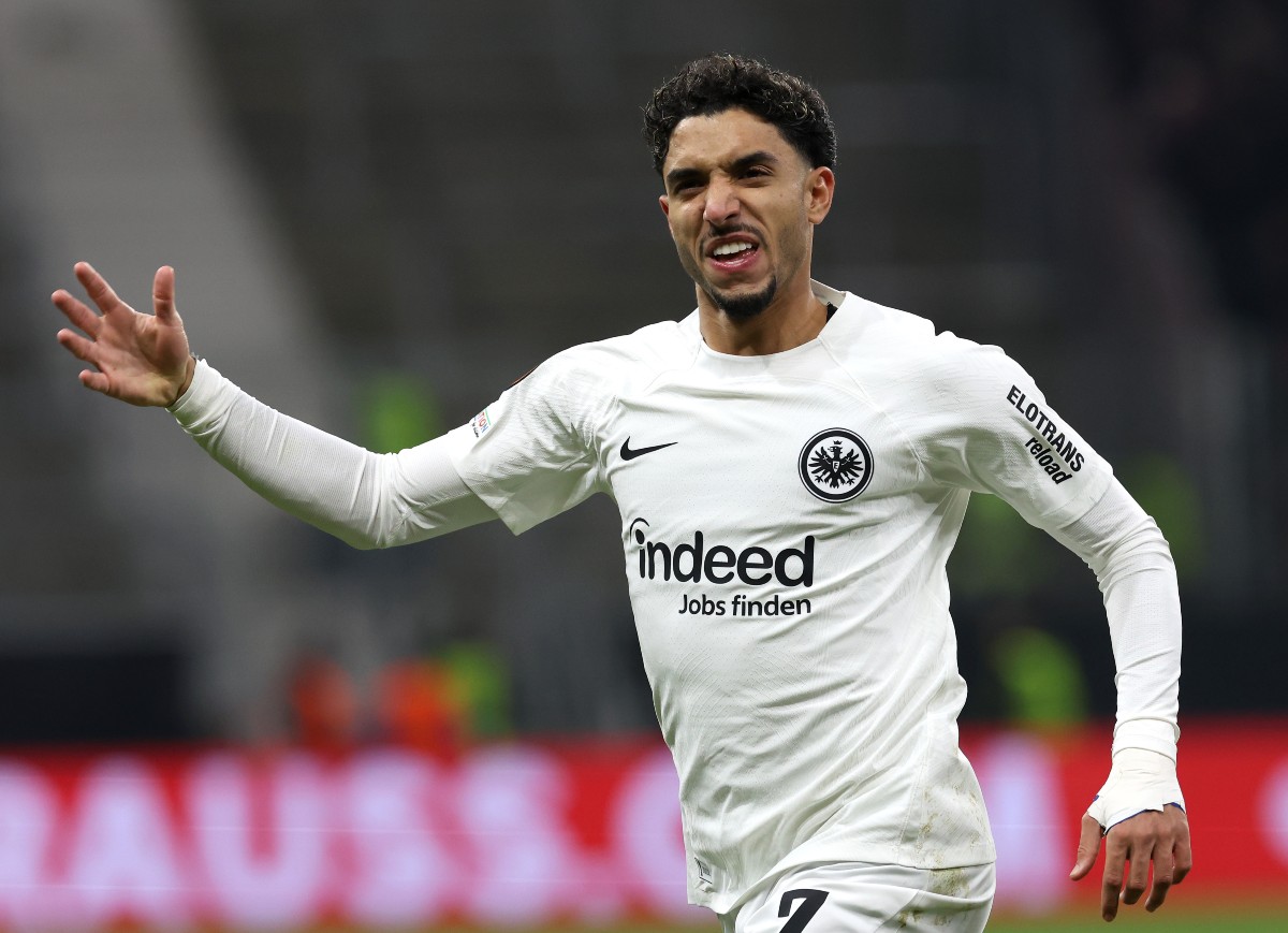 Omar Marmoush celebrates a goal for Eintracht Frankfurt