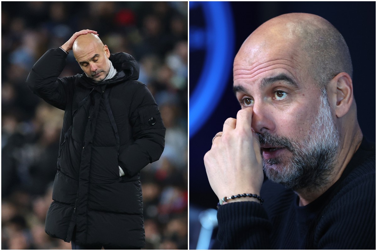 Pep Guardiola during Man City vs Feyenoord and at a press conference