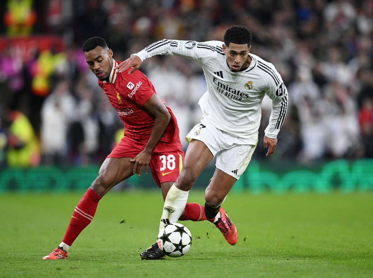 Ryan Gravenberch and Jude Bellingham vie for the ball in their Champions League game  on Wednesday night