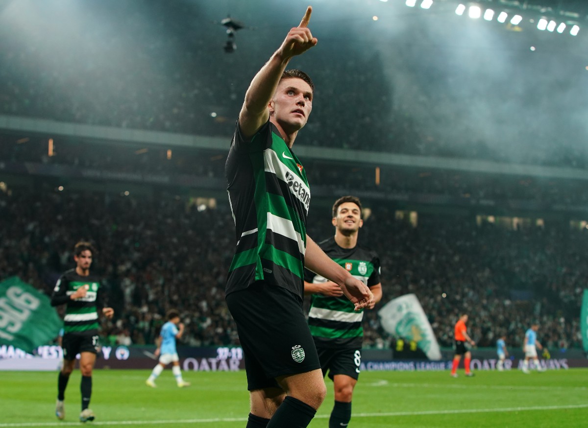 Viktor Gyokeres celebrates scoring in Sporting's win over Manchester City