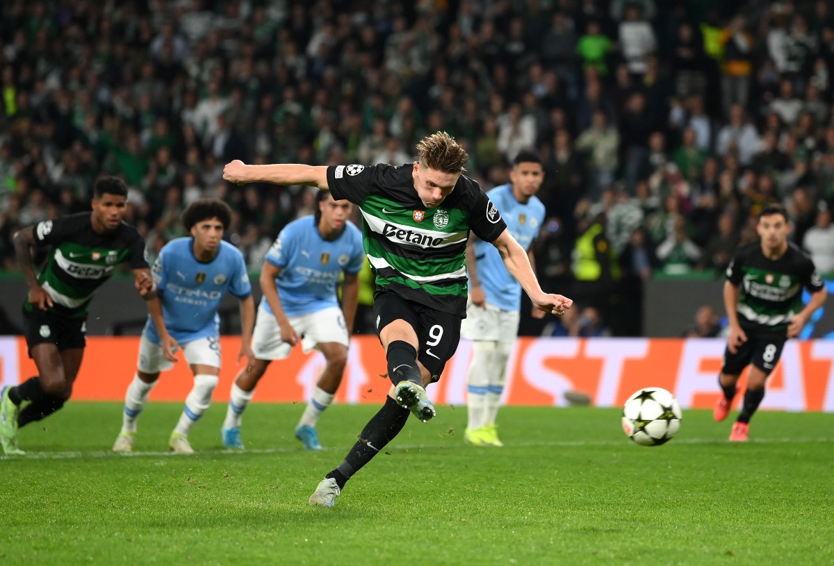 Viktor Gyokeres scoring against Manchester City in the Champions League