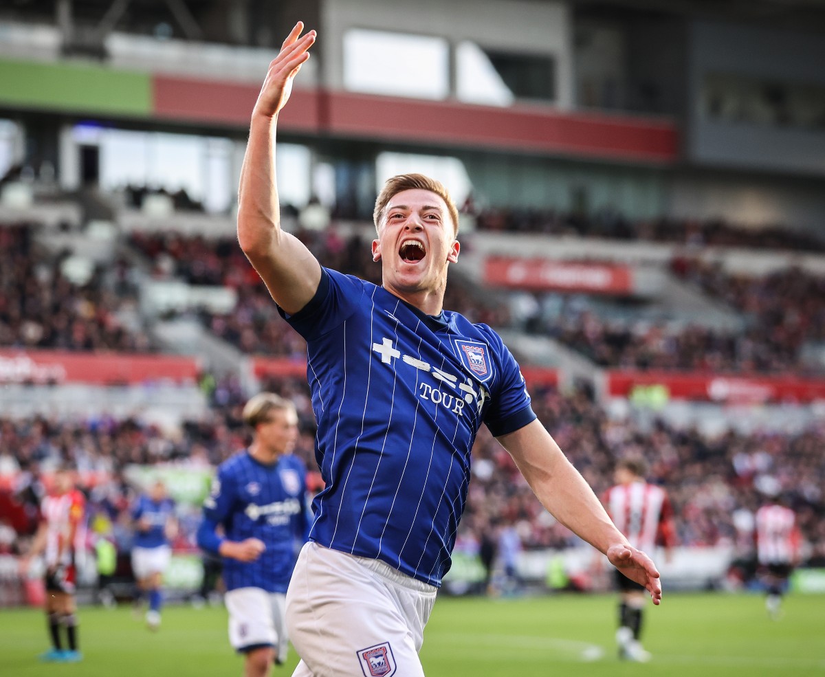 Liam Delap celebrates scoring for Ipswich against Brentford