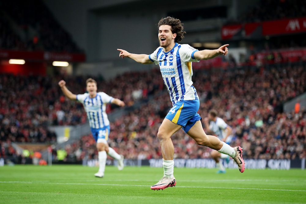 Ferdi Kadioglu celebrating scoring for Brighton against Liverpool.