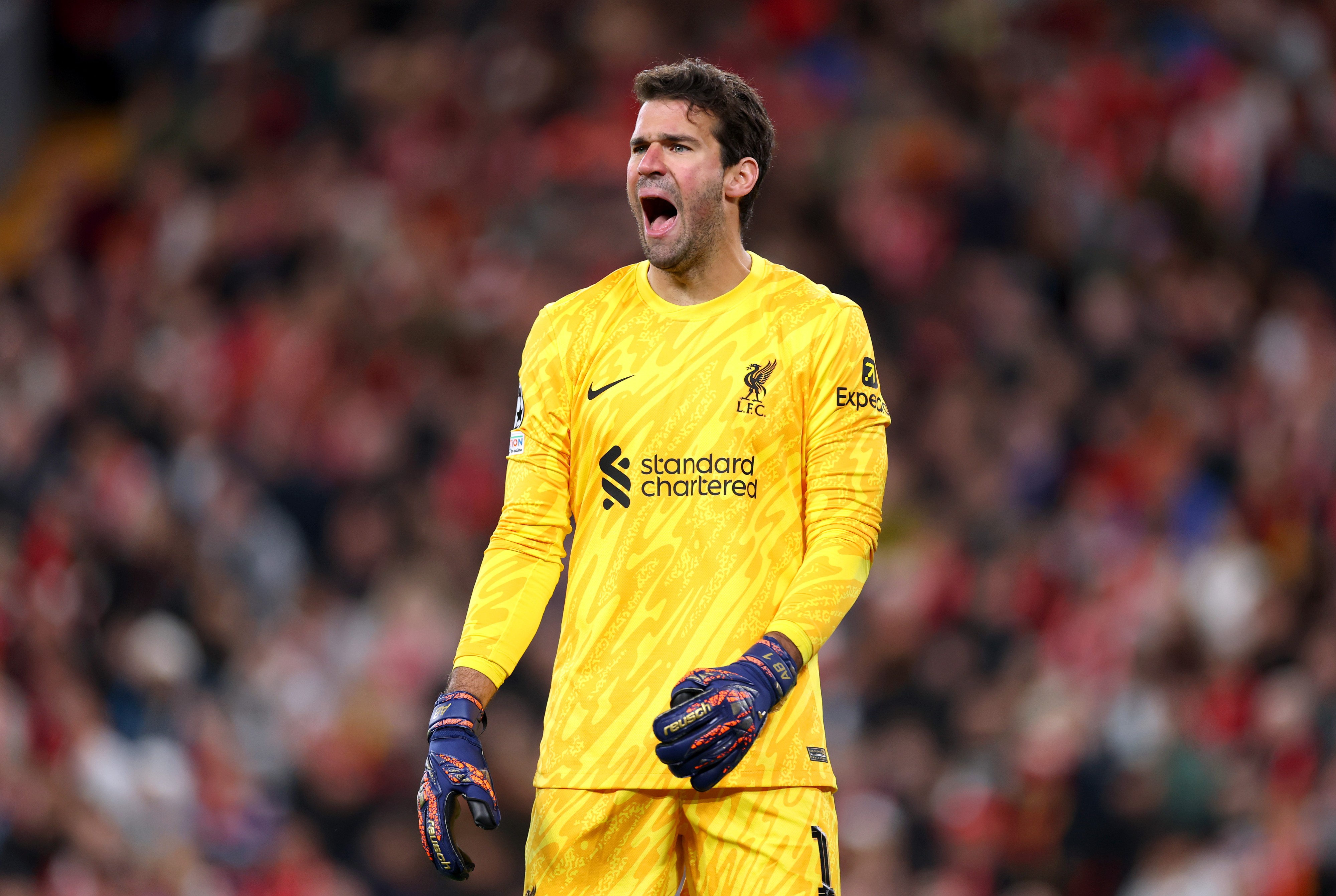 Alisson Becker of Liverpool reacts