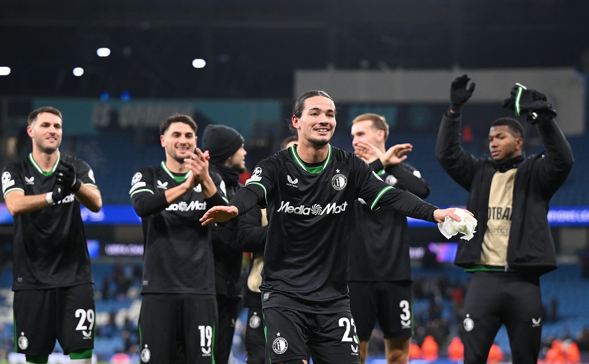 Feyenoord players celebrate after pulling off stunning comeback vs Manchester City