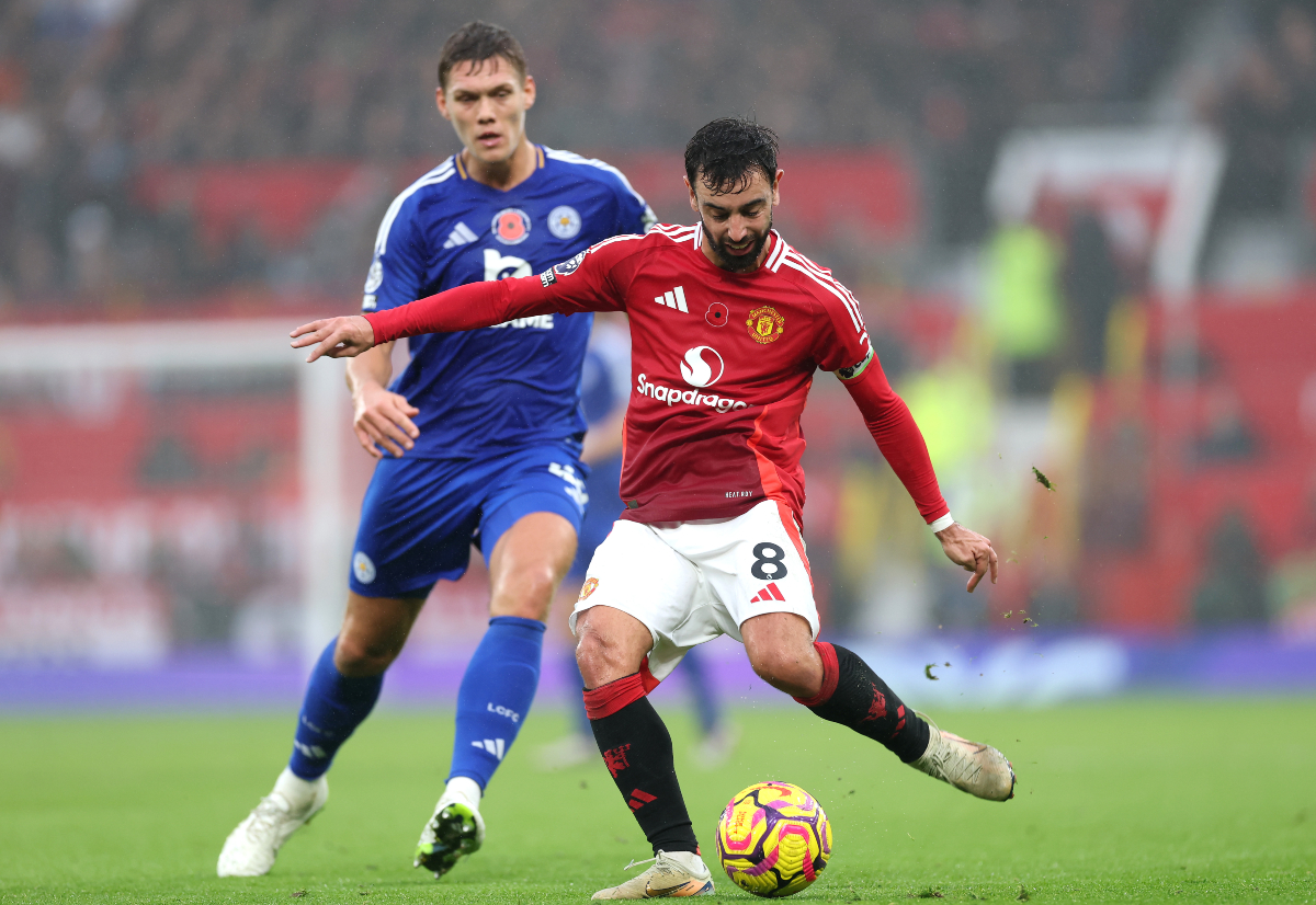 Bruno Fernandes in action for Man United vs Leicester City