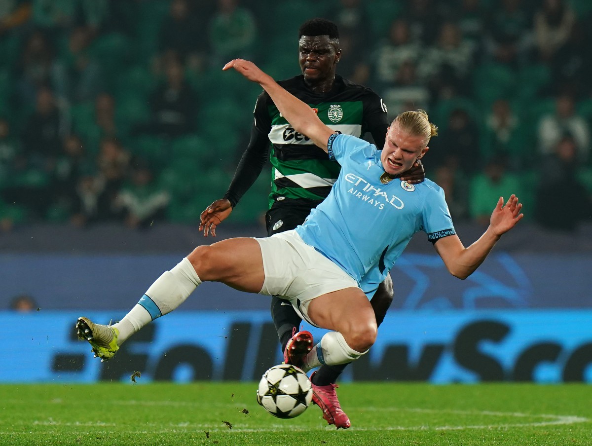 Ousmane Diomande in action for Sporting Lisbon against Manchester City