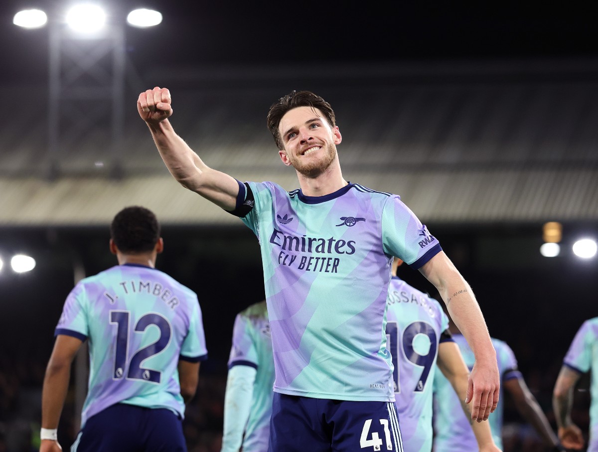 Declan Rice celebrates scoring for Arsenal against Crystal Palace