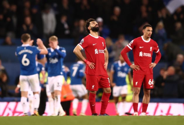 Mohamed Salah reacts during Everton's win over Liverpool last season
