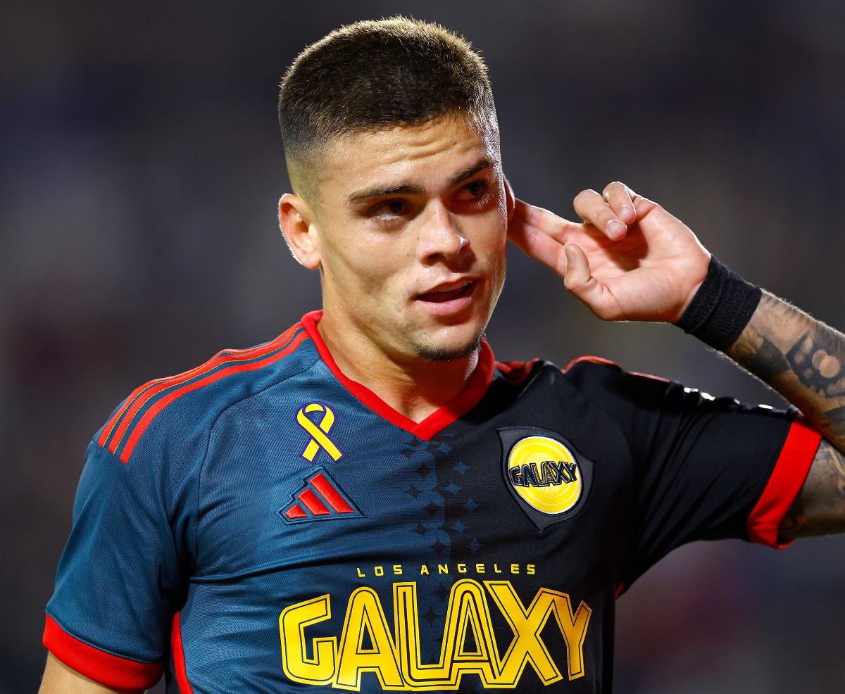 Gabriel Pec celebrates a goal for LA Galaxy