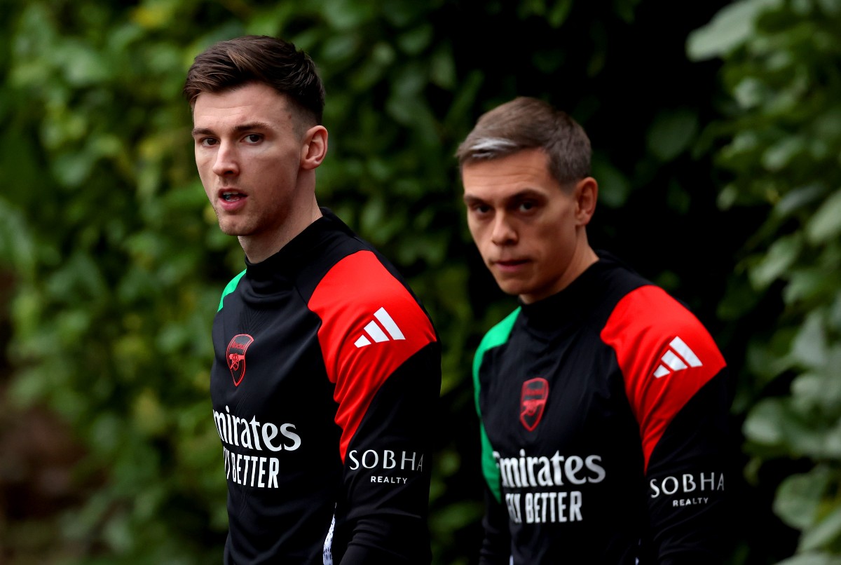 Kieran Tierney and Leandro Trossard at the Arsenal training ground