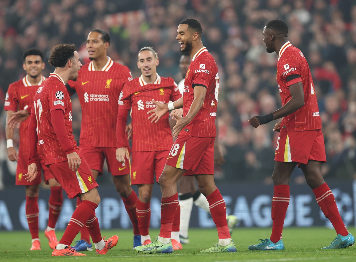 Liverpool players celebrate during their Champions League win over Bayer Leverkusen