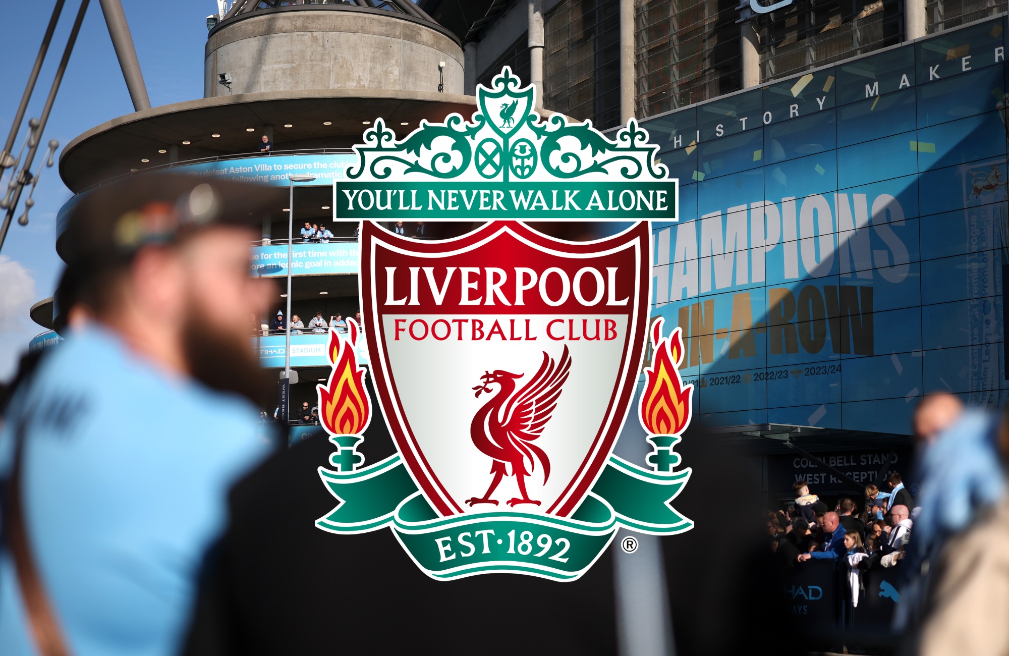 Manchester City's Etihad Stadium with Liverpool club crest.