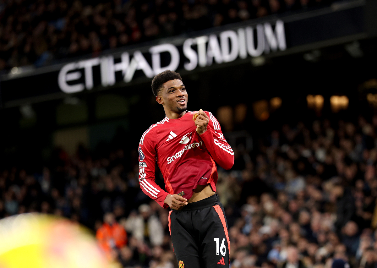 Man United star Amad Diallo celebrates his winning goal against Man City