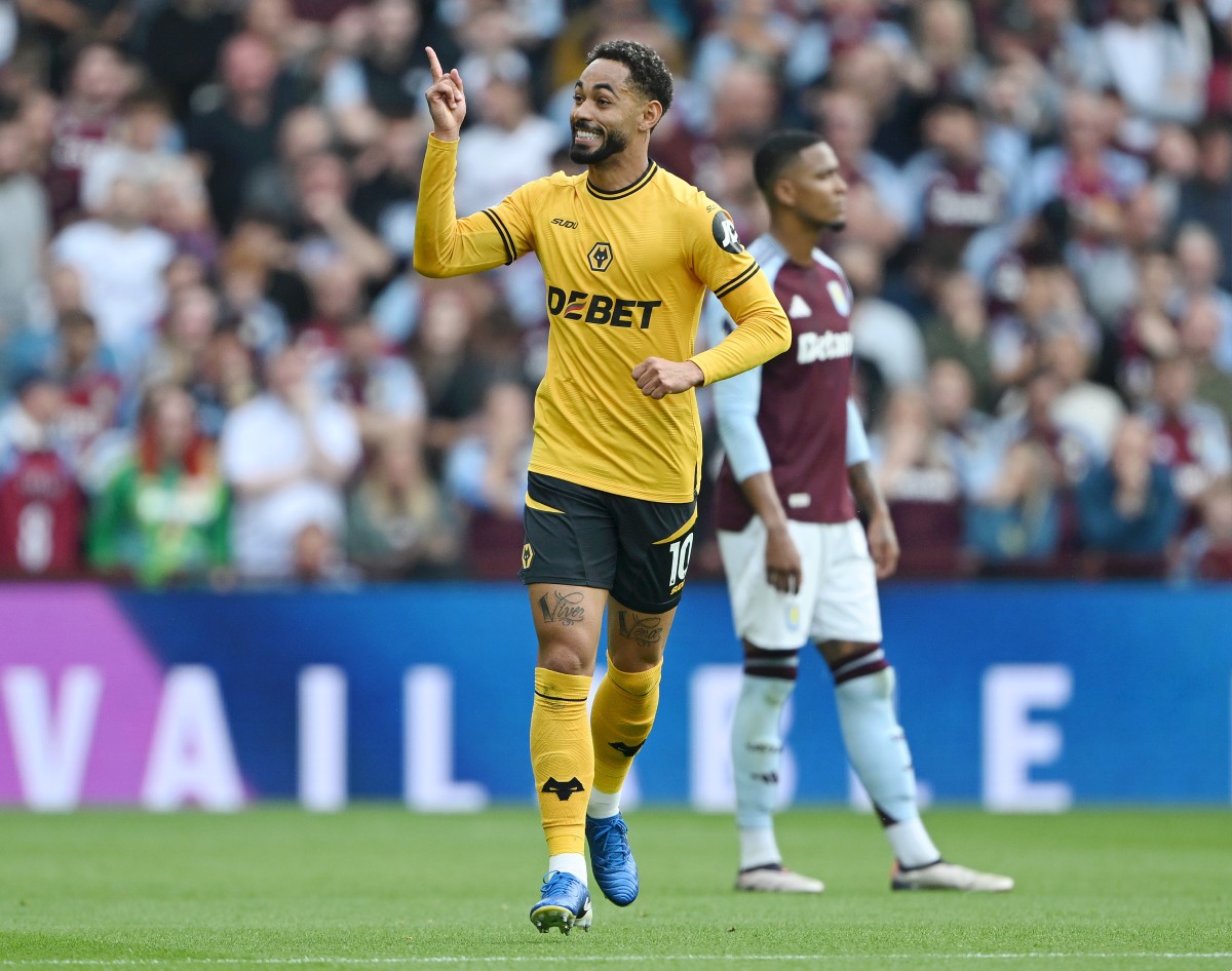 Matheus Cunha celebrates a goal for Wolves against Aston Villa