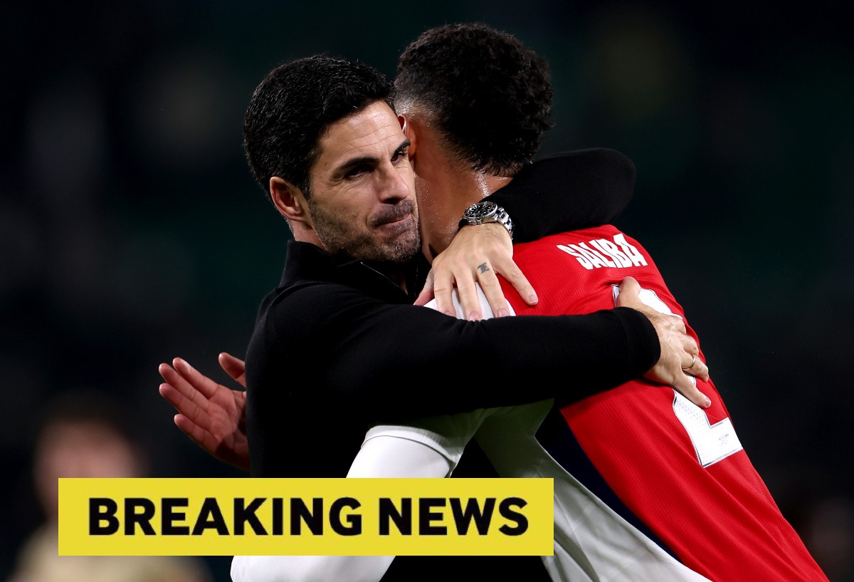 Mikel Arteta hugs Arsenal defender William Saliba